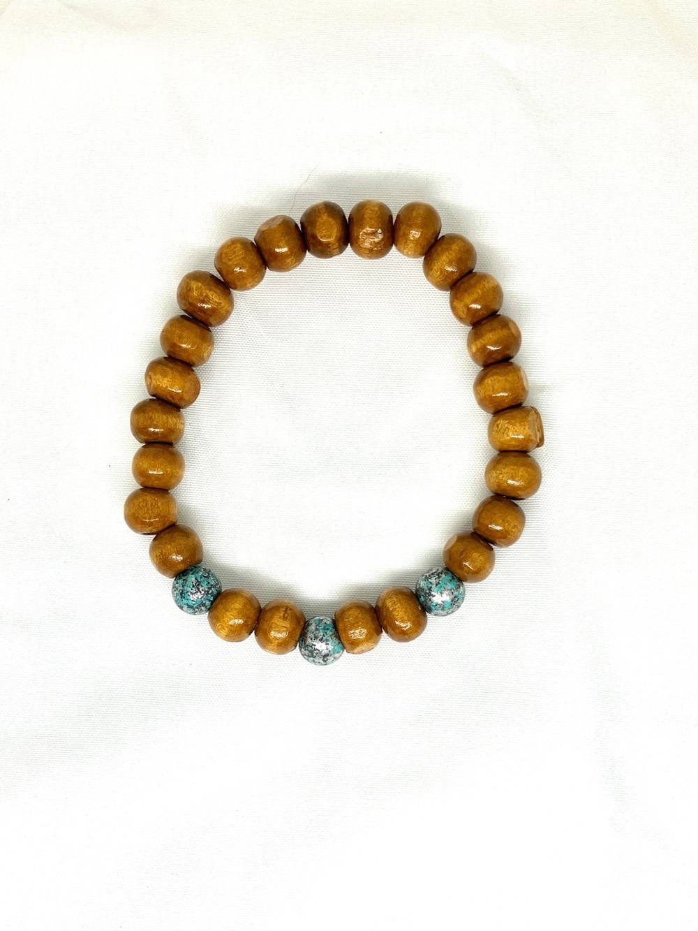 Wooden Beaded Stretch Bracelet - honey brown with mixed blue/silver beads